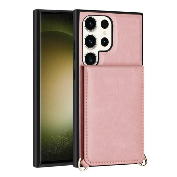 For Samsung Galaxy S24 Ultra / SM-928 Metal Button Flip Stand Hidden Card Holder Leather Shockproof Protective Wallet With Shoulder Strap Loop Case Cover Rose Gold