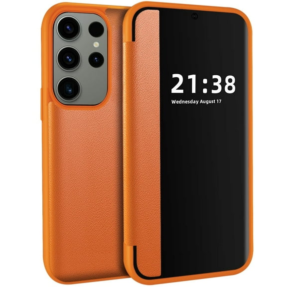 For Samsung Galaxy S24 Ultra Slim Fit Luxury PU Leather Clear View Window Flap Full Body Protective Flip Folio Rubber Shockproof Cover ,Xpm Phone Case [ Tan ]