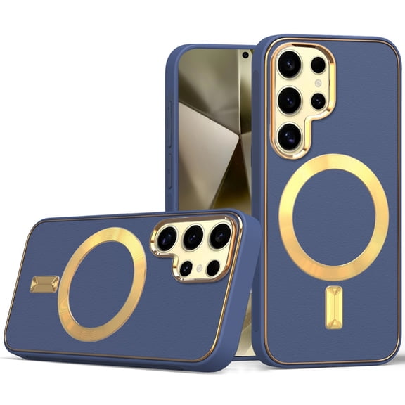 For Samsung Galaxy S24 Ultra Ultimate PU Leather Hybrid with MagSafe Compatible Bumper Hard PC Gold Frame Protection Cover ,Xpm Phone Case [ Navy Blue ]