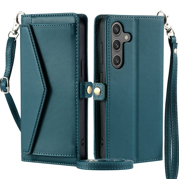 For Samsung Galaxy S24 Wallet Case, RFID Blocking Crossybody Shoulder Strap Hand Wrist Flip Cover Carsd Holder Snap Closure Protective Phone Case for Samsung Galaxy S24, Green