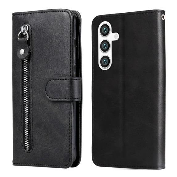 For Samsung Galaxy S25+ 5G 6.7-inch Wallet Case for Women Men Multi-Card Slots Zipper Pocket Leather Phone Case,Black,For Galaxy S25+ (5G)