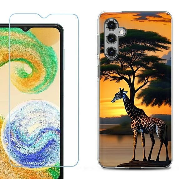 For Samsung Galaxy S25 5G Phone Case Cover, Shockproof Case with Tempered Glass Screen Protector, by OneToughShield - Giraffe Sunset