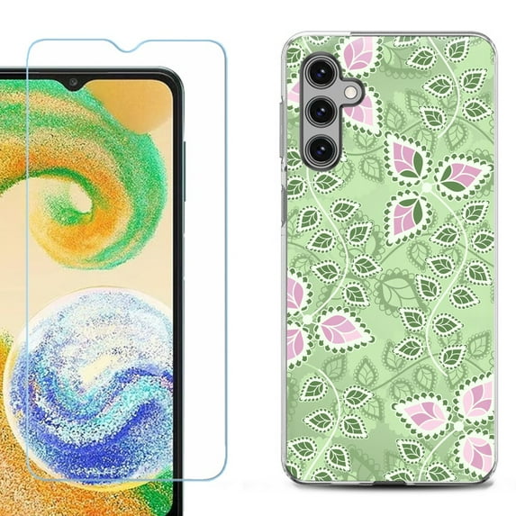 For Samsung Galaxy S25 5G Phone Case Cover, Shockproof Case with Tempered Glass Screen Protector, by OneToughShield - Leaf Pink Green