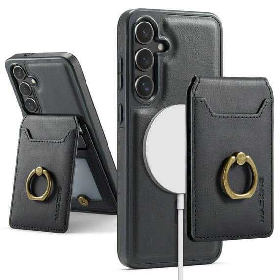 For Samsung Galaxy S25 Case with Credit Card Holder,Ring Holder,Phone PU Leather Case Wallet for Women Men Magnetic Detachable 2-in-1 Wallet Card,Shockproof Rugged Phone Case,Black