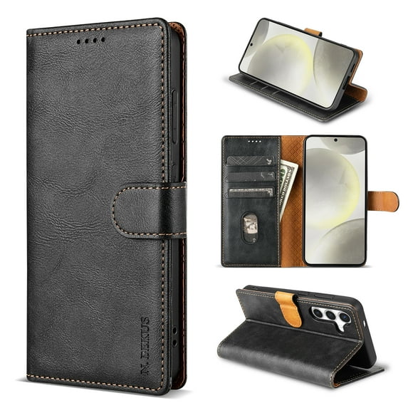 For Samsung Galaxy S25 Case Wallet, Retro PU Leather Cards Holder Stand Flip Cover Magnetic Closure Shockproof Protective Case for Women Men, Black