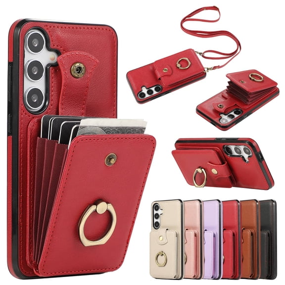 For Samsung Galaxy S25 Case Wallet with Card Holder, 360°Rotation Finger Ring Holder Kickstand, RFID Blocking Protective Shockproof Cover