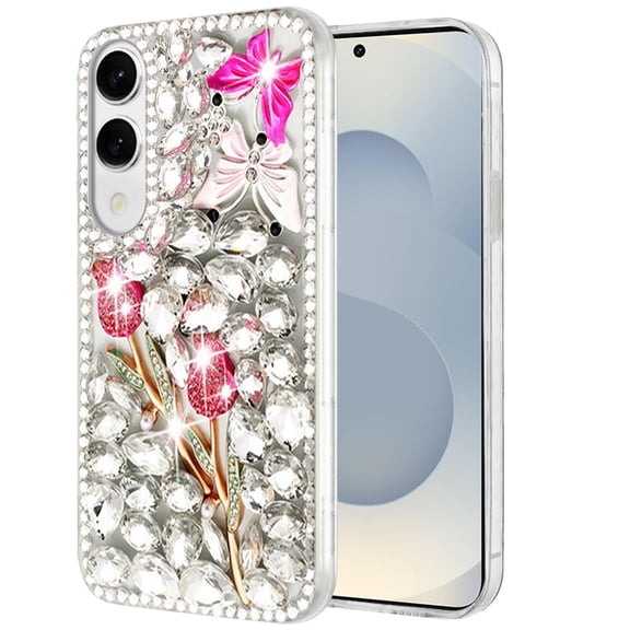 For Samsung Galaxy S25 EDGE Bling Crystal 3D Full Diamonds Luxury Sparkle Rhinestone Hybrid Cover, XPM Phone Case [Crystal Exquisite Garden Flower]