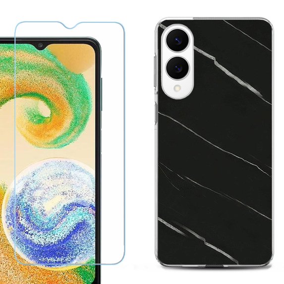 For Samsung Galaxy S25 Edge 5G Protective Shockproof Phone Case with Tempered Glass Screen Protector, by OneToughShield - Marble / Black