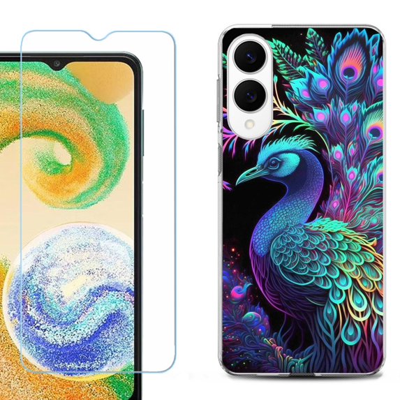 For Samsung Galaxy S25 Edge 5G Protective Shockproof Phone Case with Tempered Glass Screen Protector, by OneToughShield - Neon Peacock