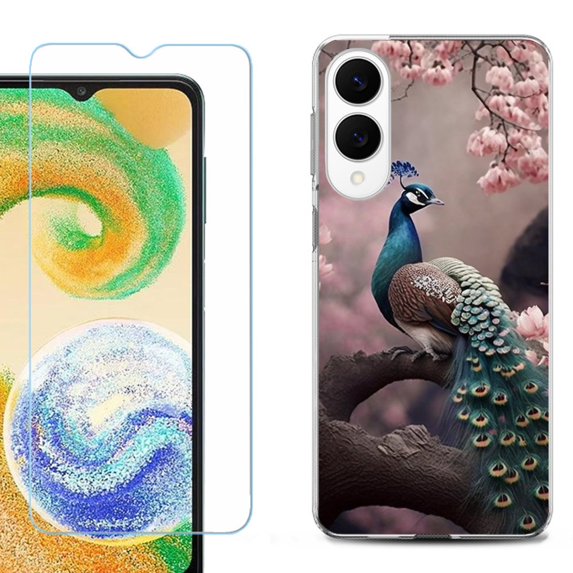 For Samsung Galaxy S25 Edge 5G Protective Shockproof Phone Case with Tempered Glass Screen Protector, by OneToughShield - Peacock Flower