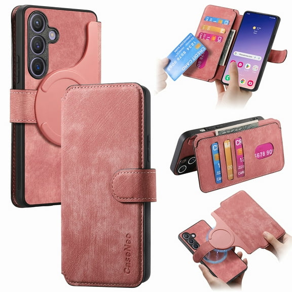 For Samsung Galaxy S25+ Phone Cover Detachable Magnetic Front Case Hard PC Back Case Stand Feature Card Pocket & Credit Slot Shock-Absorbent Dustproof Wallet Phone Case for Men or Women, Pink