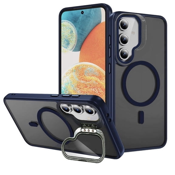 For Samsung Galaxy S25 Plus Window Stand Matte Magnetic Case with Free Tempered Glass Screen Protector - Navy Blue