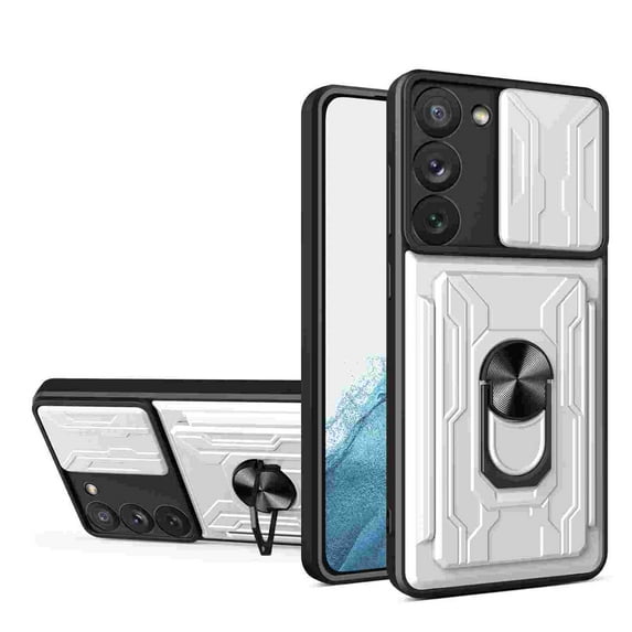 For Samsung Galaxy S25+ Rugged Case with Slide Camera Lens Cover, Ring Kickstand Detachable Card Holder Magnetic Car Mount Hybrid PC Shockproof Protective Case for Samsung Galaxy S25+ Plus, White