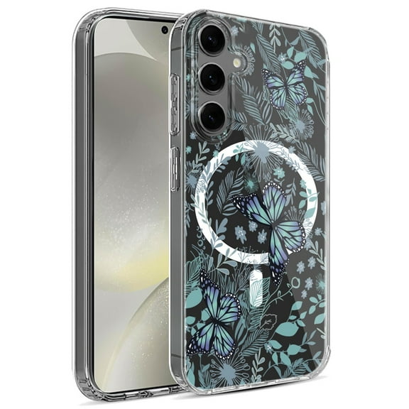 For Samsung Galaxy S25 /S24 Case, Hybrid Flower Design Stylish Fashion Case, MagSafe Compatible, Thick Shockproof Hard PC Phone Cover (Blue Flowers)