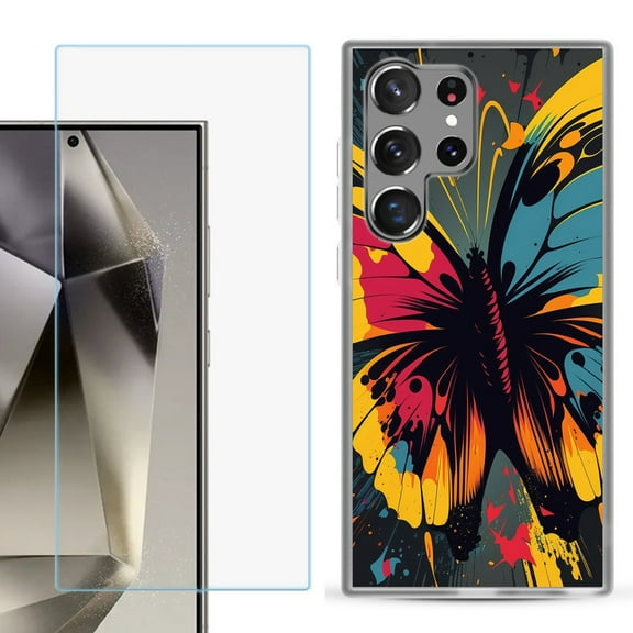 For Samsung Galaxy S25 Ultra 5G Phone Case Cover with Tempered Glass Screen Protector, by OneToughShield - Abstract Butterfly