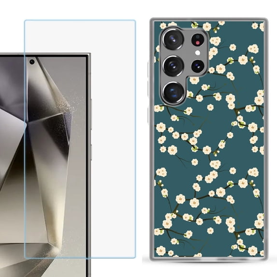 For Samsung Galaxy S25 Ultra 5G Phone Case Cover with Tempered Glass Screen Protector, by OneToughShield - Blossom Green