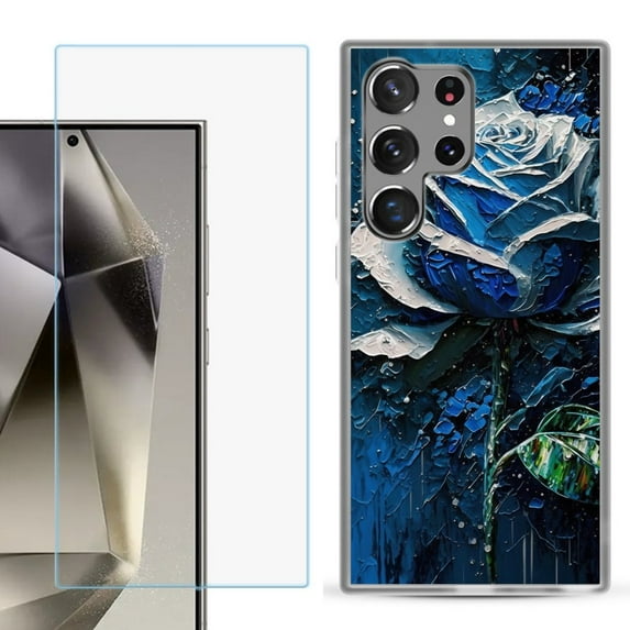 For Samsung Galaxy S25 Ultra 5G Phone Case Cover with Tempered Glass Screen Protector, by OneToughShield - Blue Rose