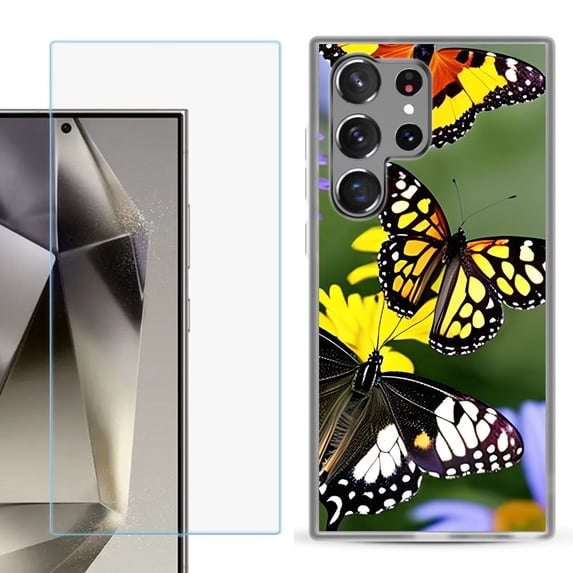 For Samsung Galaxy S25 Ultra 5G Phone Case Cover with Tempered Glass Screen Protector, by OneToughShield - Butterfly Flower
