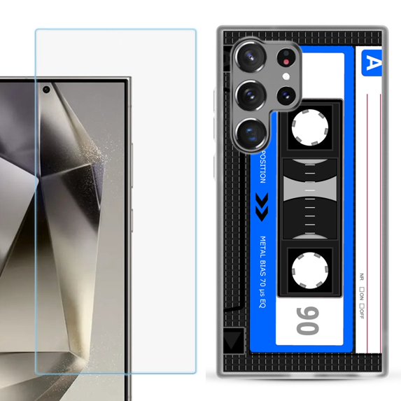 For Samsung Galaxy S25 Ultra 5G Phone Case Cover with Tempered Glass Screen Protector, by OneToughShield - Cassette Blue