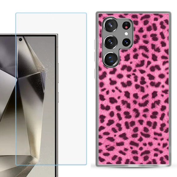 For Samsung Galaxy S25 Ultra 5G Phone Case Cover with Tempered Glass Screen Protector, by OneToughShield - Cheetah Pink