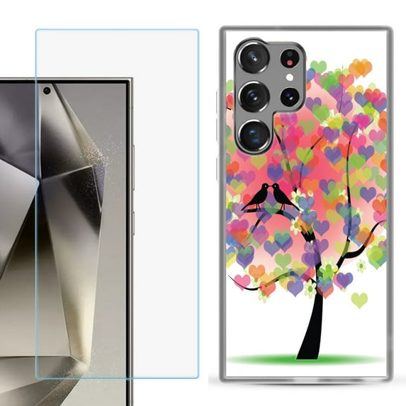 For Samsung Galaxy S25 Ultra 5G Phone Case Cover with Tempered Glass Screen Protector, by OneToughShield - Color Hearts Tree