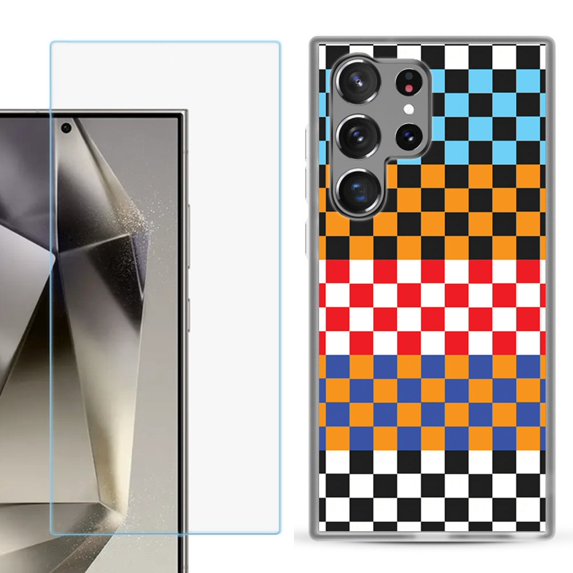 For Samsung Galaxy S25 Ultra 5G Phone Case Cover with Tempered Glass Screen Protector, by OneToughShield - Colorful Checker