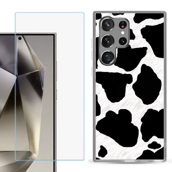For Samsung Galaxy S25 Ultra 5G Phone Case Cover with Tempered Glass Screen Protector, by OneToughShield - Cow Skin Design