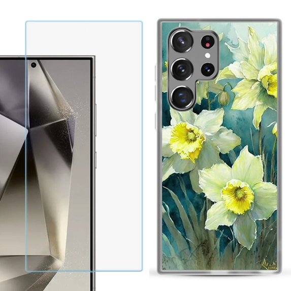 For Samsung Galaxy S25 Ultra 5G Phone Case Cover with Tempered Glass Screen Protector, by OneToughShield - Daffodils