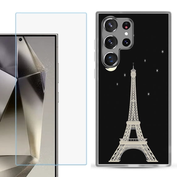 For Samsung Galaxy S25 Ultra 5G Phone Case Cover with Tempered Glass Screen Protector, by OneToughShield - Eiffel Tower Moon