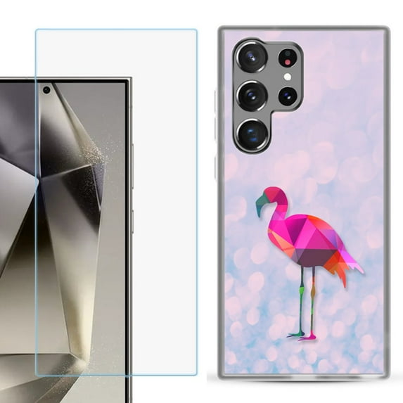 For Samsung Galaxy S25 Ultra 5G Phone Case Cover with Tempered Glass Screen Protector, by OneToughShield - Flamingo / Polygon
