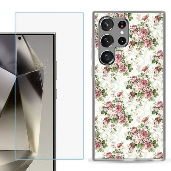 For Samsung Galaxy S25 Ultra 5G Phone Case Cover with Tempered Glass Screen Protector, by OneToughShield - Floral/Rose
