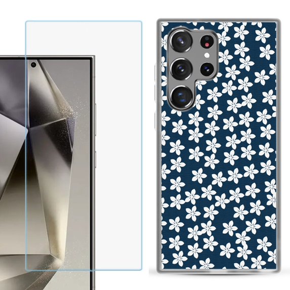For Samsung Galaxy S25 Ultra 5G Phone Case Cover with Tempered Glass Screen Protector, by OneToughShield - Flower/Blue