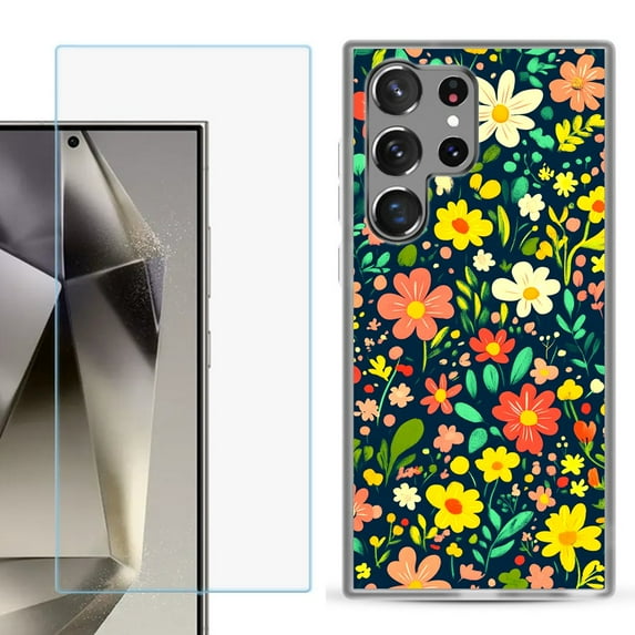 For Samsung Galaxy S25 Ultra 5G Phone Case Cover with Tempered Glass Screen Protector, by OneToughShield - Flower Symphony