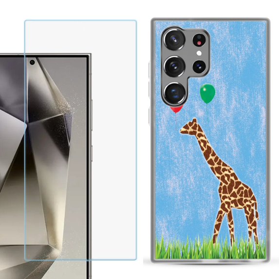 For Samsung Galaxy S25 Ultra 5G Phone Case Cover with Tempered Glass Screen Protector, by OneToughShield - Giraffe/Balloon