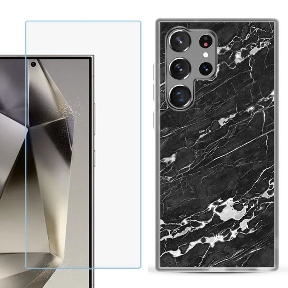 For Samsung Galaxy S25 Ultra 5G Phone Case Cover with Tempered Glass Screen Protector, by OneToughShield - Marble B/W