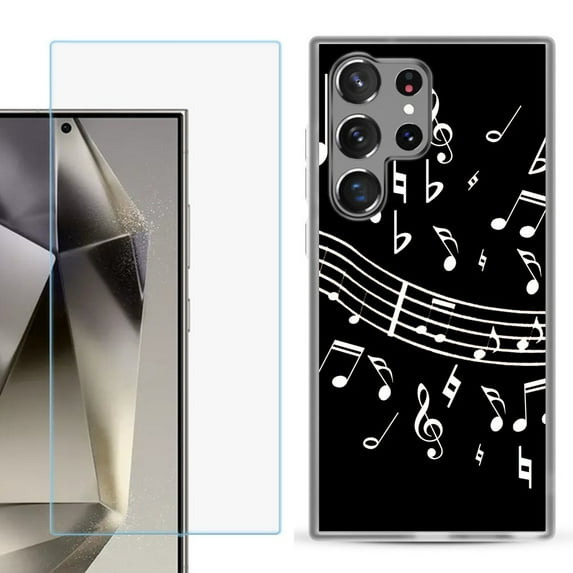 For Samsung Galaxy S25 Ultra 5G Phone Case Cover with Tempered Glass Screen Protector, by OneToughShield - Music Notes / Black