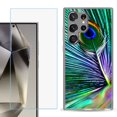 thumbnail image 1 of For Samsung Galaxy S25 Ultra 5G Phone Case Cover with Tempered Glass Screen Protector, by OneToughShield - Peacock Feather, 1 of 4