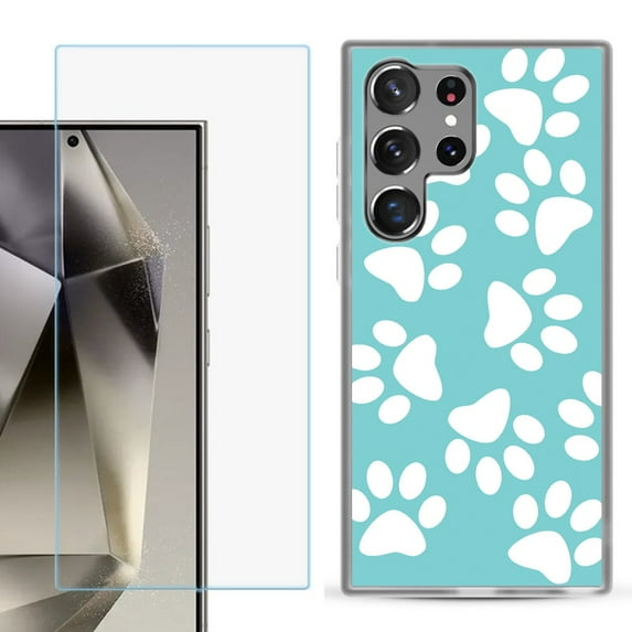 For Samsung Galaxy S25 Ultra 5G Phone Case Cover with Tempered Glass Screen Protector, by OneToughShield - Pet Paw / Teal