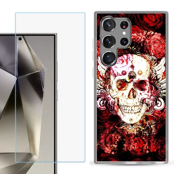 For Samsung Galaxy S25 Ultra 5G Phone Case Cover with Tempered Glass Screen Protector, by OneToughShield - Rose Skull