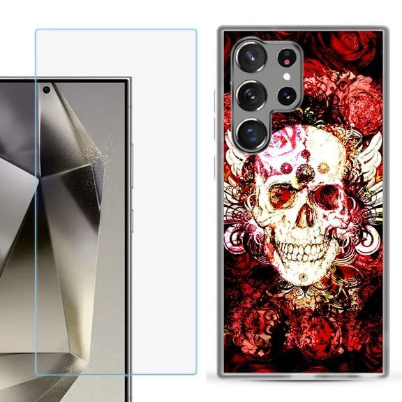 For Samsung Galaxy S25 Ultra 5G Phone Case Cover with Tempered Glass Screen Protector, by OneToughShield - Rose Skull
