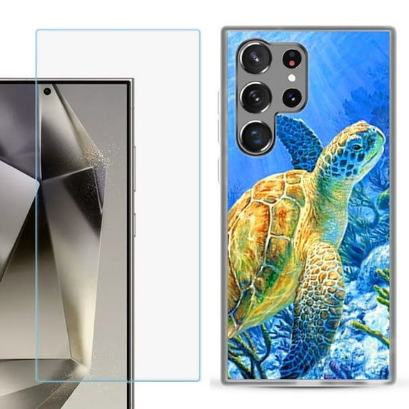 For Samsung Galaxy S25 Ultra 5G Phone Case Cover with Tempered Glass Screen Protector, by OneToughShield - Sea Turtle