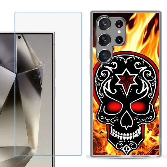 For Samsung Galaxy S25 Ultra 5G Phone Case Cover with Tempered Glass Screen Protector, by OneToughShield - Skull Flames