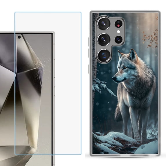 For Samsung Galaxy S25 Ultra 5G Phone Case Cover with Tempered Glass Screen Protector, by OneToughShield - Wolf Winter