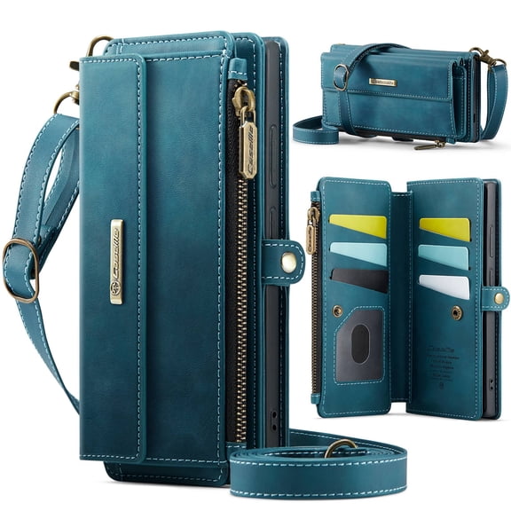 For Samsung Galaxy S25 Ultra Wallet Case, RFID Blocking PU Leather Case Women Men Kickstand flip Cover Wrist Strap Zipper Credit Card Holder Slot