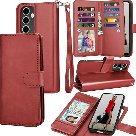 For Samsung Galaxy S25 Wallet Case with Credit Card Holder for Women Men, Flip PU Leather Wallet Phone Case for Galaxy S25, Tekcoo Detachable Magnetic Kickstand Cover with Wrist Strap, Wine Red