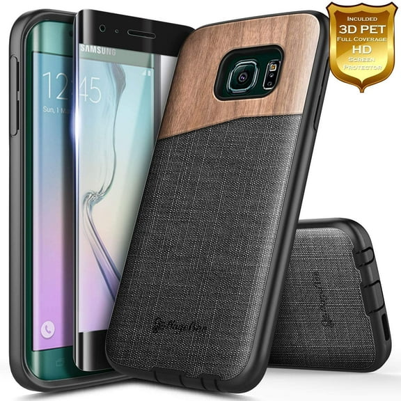 For Samsung Galaxy S6 Edge Case with [Full Coverage Screen Protector], NageBee Premium [Natural Wood] Canvas Fabrics Heavy Duty Shockproof Hybrid Defender Rugged Durable Case -Wood