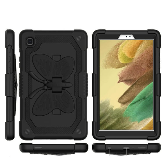 For Samsung Galaxy Tab A7 Lite 8.7 inch Butterfly Kickstand 3in1 Tough Hybrid Case Cover with Shoulder Strap - Black/Black