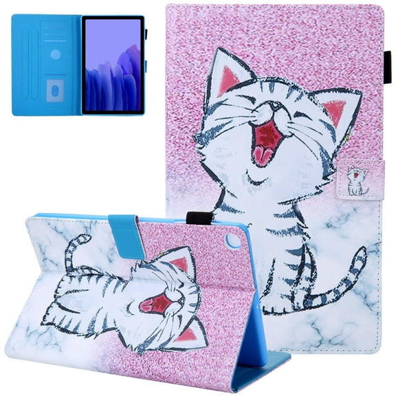 For Samsung Galaxy Tab A7 Lite Case 8.7" Model SM-T220, Multi-Angle Folio Stand Magnetic Leather Cover with Card Slots & Pencil Holder, Happy Cat