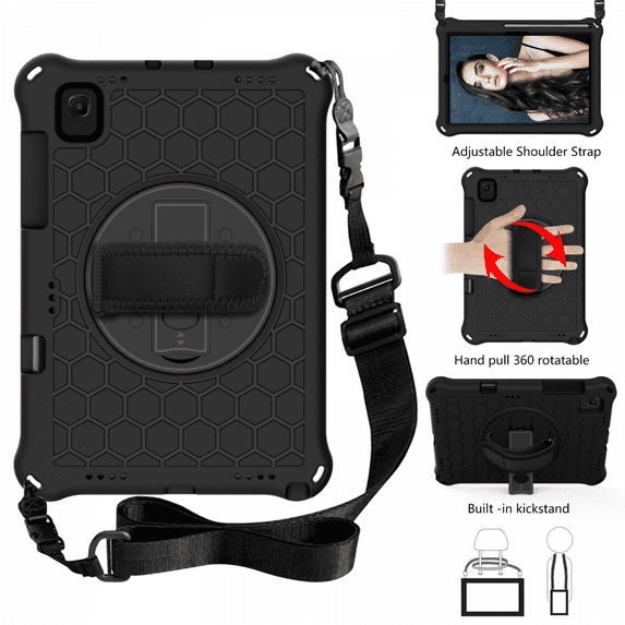 For Samsung Galaxy Tab S6 Lite 10.4" 2020 (SM-P610/ P615) with Pen Holder and 360 Degree Swivel Stand and Hand and Shoulder Strap - Black