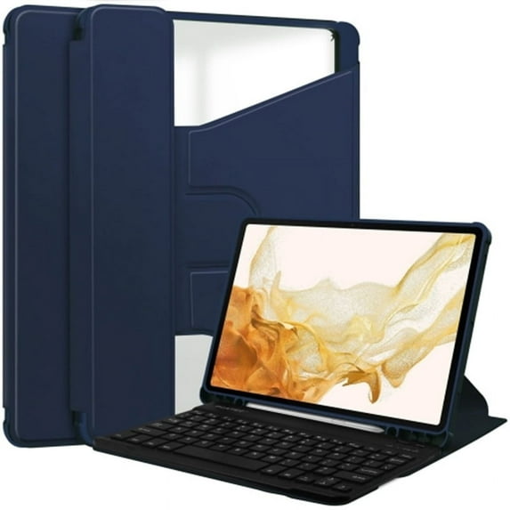 For Samsung Galaxy Tab S9 Plus 360 Rotation Transparent Smart Leather Case with Keyboard,Dark Blue